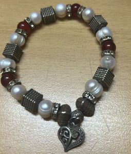 Elegant Pearl & Red Bead Charm Bracelet