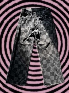 Checkerboard Print Wide Leg Jeans
