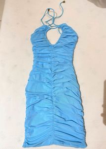 Blue Ruched Halter Neck Dress