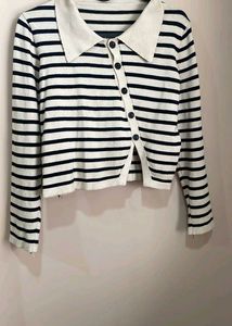 Striped Knit Cardigan with Collar