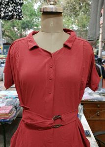 Chic Red Collared Dress with Belt