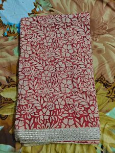 Red Floral Print Saree with Embellished Border
