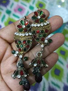 Earrings Stone Work Jewellery Red And Green Combin