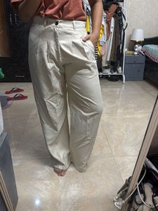 Cream Wide Leg Pleated Pants