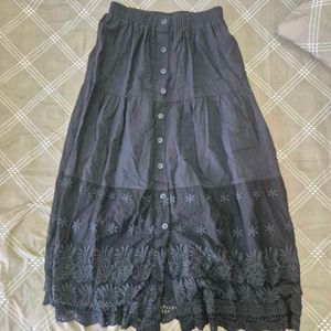 Black Boho Embroidered Lace Tiered Midi Skirt