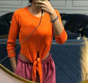 Orange Ribbed Tie-Front Top