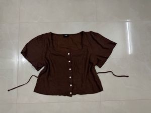 linen Brown Square Neck Button-Up Top