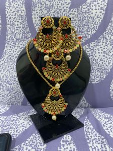 Gold-Tone Necklace and Earring Set with Mangtika