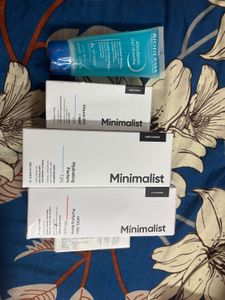 Minimalist Skincare set and shampoo.