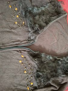 Stylish Brown Zipper Sweater with Fur