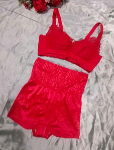 Red Lace Bra and High-Waisted Shorts Set
