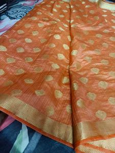 Beautiful Orange Saree with Golden Border