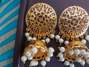 Gold Tone Jhumka Earrings with Pearl Detailing