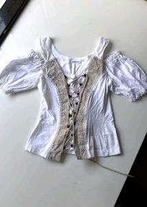 Women's White Cold Shoulder Lace-Up Blouse