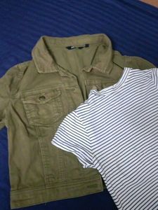 Stylish Green Denim Jacket &amp; Striped Top