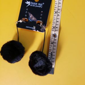 Black Fluffy Pom Dangle Earring