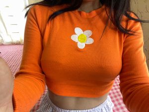 Cute Orange Cropped Long Sleeve Top