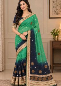 Green & Navy Ombre Embroidered Saree