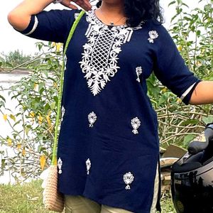 Embroidered Navy Blue Kurta