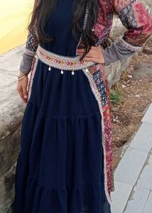 Blue Tiered Ethnic Gown with Printed Jacket