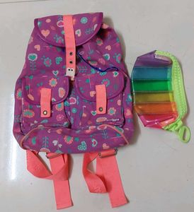 Cute Purple Floral Backpack with Rainbow Pouch