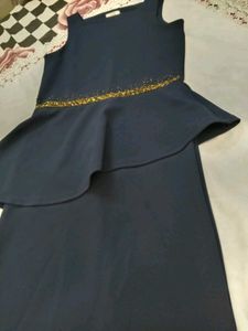 Navy Peplum Dress with Gold Bead Detail