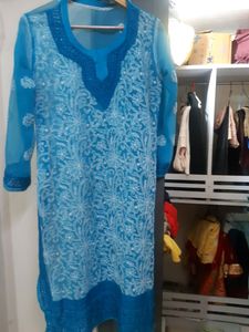 sky blue  chikenkari  kurta