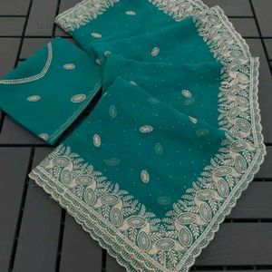 Elegant Teal Embroidered Saree