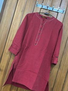 Red Kurti with Embellished Neckline