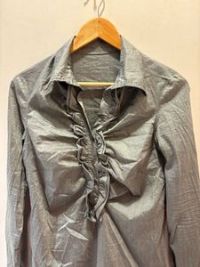 Chic Grey Ruffled Button-Down Top