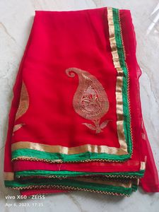 Bright Red Chiffon Saree With Border