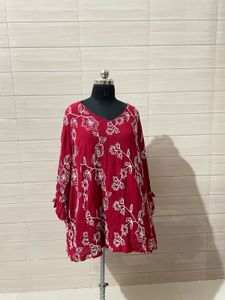 5XLRed Floral Embroidered V-Neck Kurta