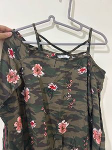Camo Floral Cold-Shoulder Top