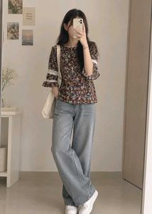 Floral Print Top with Lace Accents
