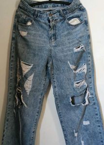 Distressed blue denim