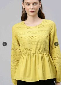 Yellow Eyelet Peplum Top