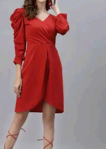 Chic Red Puff Sleeve Wrap Dress