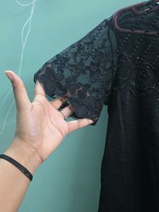Chic Black Lace &amp; Embellished Sheer Neckline Top
