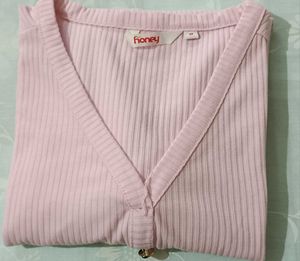 Pretty Pink Ribbed V-Neck Top