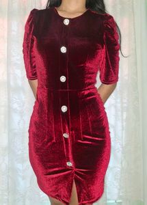 Red Velvet Button-Up Dress