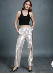 Silver Metallic Wide-Leg Pants