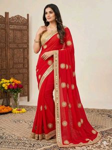 Red saree with mirror work border