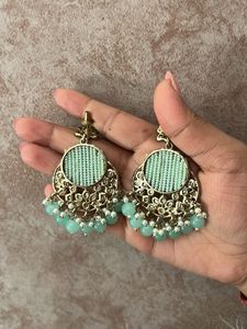 Mint Kundan Chandbali Earrings