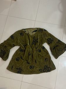 Olive Green Floral Velvet Top