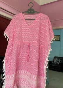 New Pink Embroidered Kaftan Kurta with Tassels