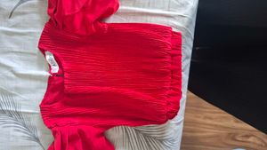 Red Pleated Top with Puff Sleeves