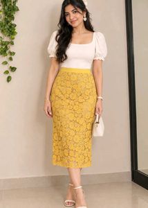 Yellow Floral Lace A-Line Skirt