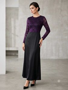 Elegant Purple Lace & Black Maxi Dress