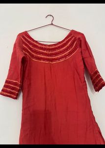Elegant Red Kurta with Embellished Neckline-s