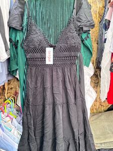 Black Tiered Mini Dress with Lace Detail